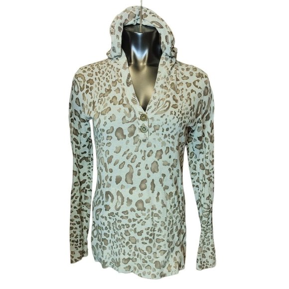 STYLE & CO Womens M Brown White Animal Print Hooded V-Neck Long Sleeve Shirt - Picture 1 of 3